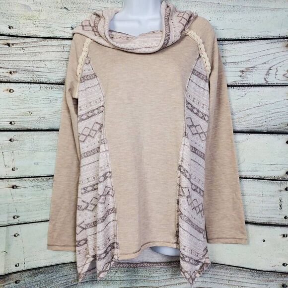 Jolt M Beige Aztec Print Hooded Pullover Long Sleeve Knit Top Boho Lace Detail - Picture 1 of 7